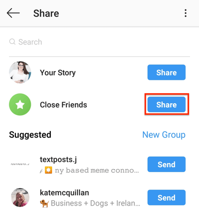 Dotaknite se gumba za skupno rabo, če želite svojo zgodbo iz Instagrama deliti s seznamom zapri prijateljev.