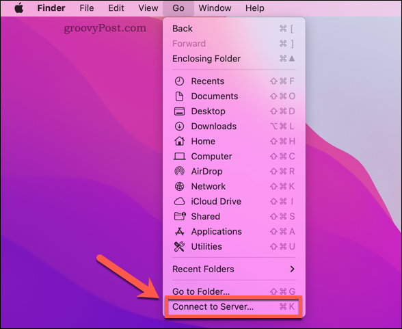Odpiranje možnosti Mac Finder Connect to Server