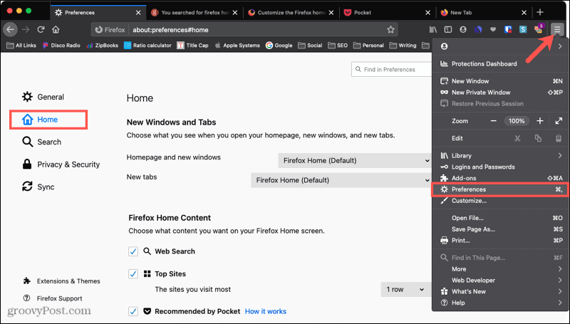 Firefox Preferences Home v Macu