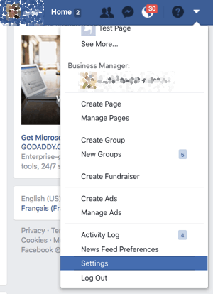 Do nastavitev profila Facebook dostopite s spustne puščice.