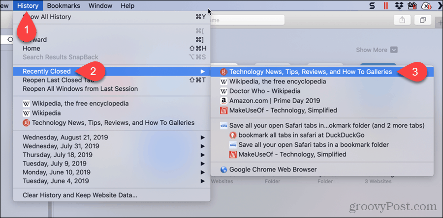 Izberite nedavno zaprt zavihek v Safariju