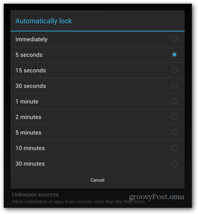 Zaklenjeni zaslon Goggle Nexus 7 samodejno zaklene interval