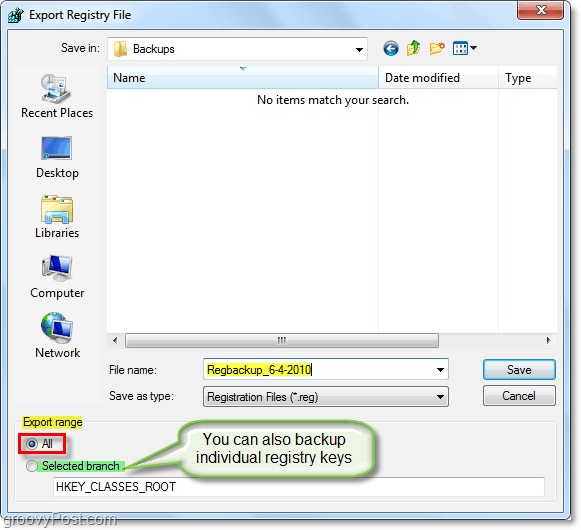 shranite varnostno kopijo registra v operacijskem sistemu Windows 7 in Vista