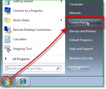 Kliknite meni Start Orb, nato kliknite nadzorno ploščo V operacijskem sistemu Windows 7