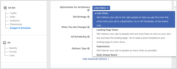 Ko nastavite svoj Facebook oglas, na spustnem seznamu Optimizacija za prikazovanje oglasov izberite Kliki povezav.