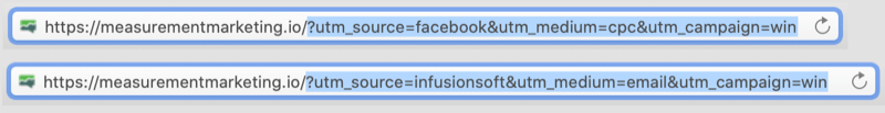 primer url-ov z oznakami utm, kodiranih z utm-jem označenih delov url-ov, ki prikazujejo facebook / cpc in infusionsoft / email kot parametre za akcijo win