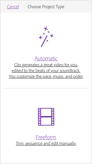 Izberite Samodejno, da bo Adobe Premiere Clip ustvaril video za vas.
