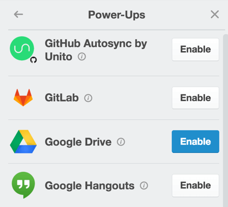 Omogočite vklop Google Drive, če želite na kartico priložiti vsebino iz Google Dokumenta.