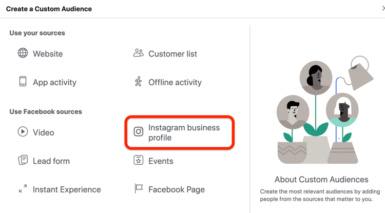 V pogovornem oknu Ustvari ciljno skupino po meri je izbrana možnost Instagram Business Profile