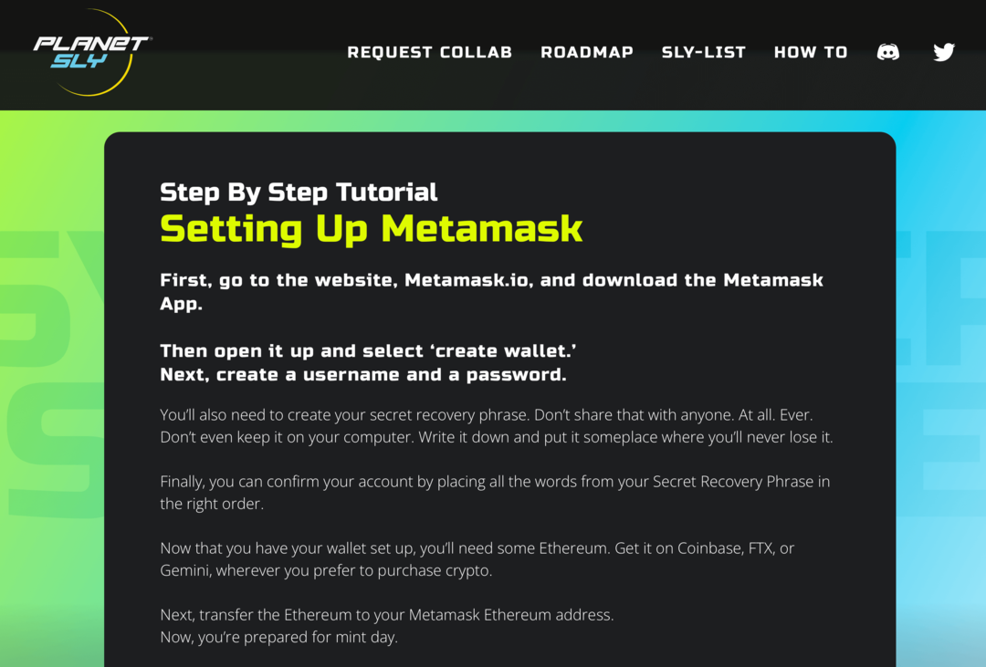 slika vadnice Metamask na spletni strani PlanetSLY