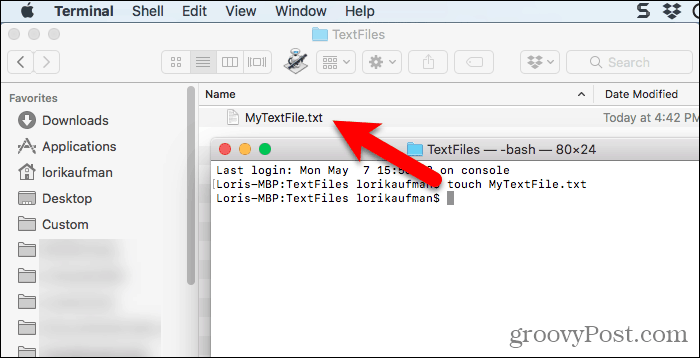 Besedilna datoteka, ustvarjena z ukazom na dotik v terminalu na Macu