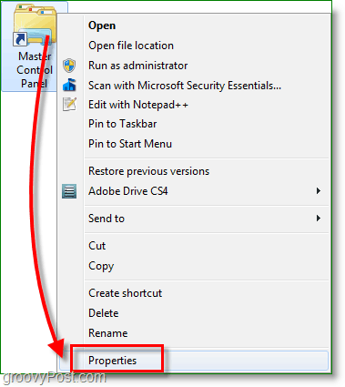 Posnetek zaslona sistema Windows 7 - z desno miškino tipko kliknite bližnjico in pojdite v lastnosti