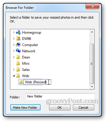 fotografije spreminjanje velikosti vadnice Windows v živo galerija fotografij spremenite velikost določi imenik naredite novo mapo poiščite v pogovornem oknu mape