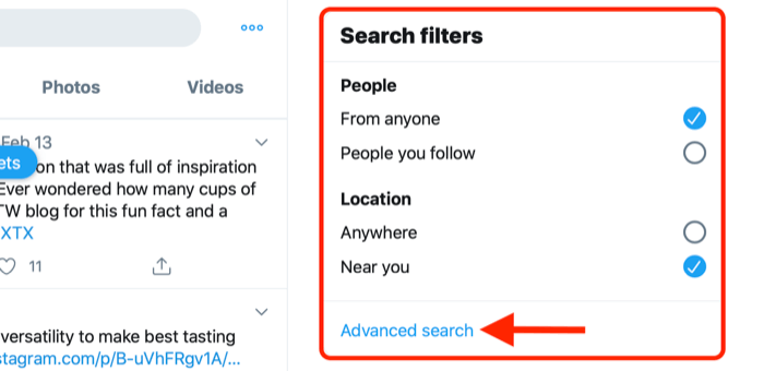 posnetek zaslona, ​​ki prikazuje povezavo za napredno iskanje v polju za filtre za iskanje Twitter