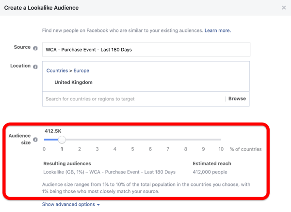 Možnost velikosti občinstva pri ustvarjanju občinstva, podobnega Facebooku, iz občinstva po meri.