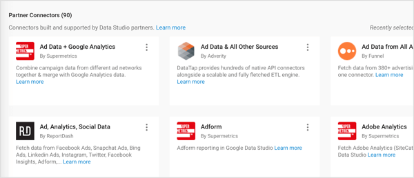 Google Data Studio ponuja partnerske priključke, ki so jih izdelali neodvisni partnerji.