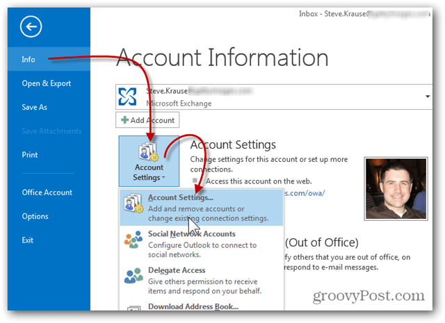 Dodaj nabiralnik Outlook 2013 - Kliknite Nastavitve računa informacij