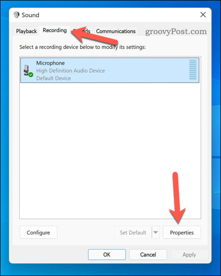 Odpiranje menija lastnosti mikrofona v sistemu Windows 11