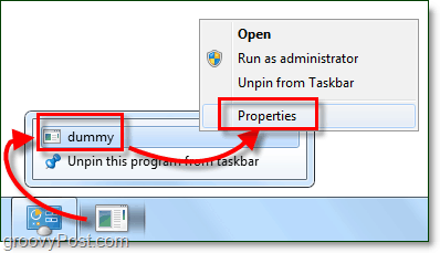 prilagodite lastnosti bližnjice na opravilni vrstici Windows 7