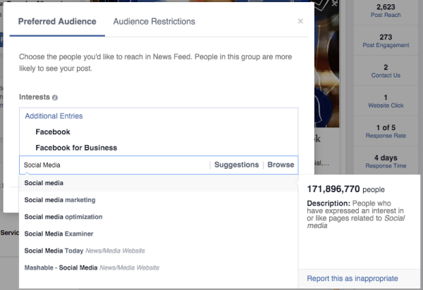 facebook optimizacija občinstva je želela zanimanja občinstva