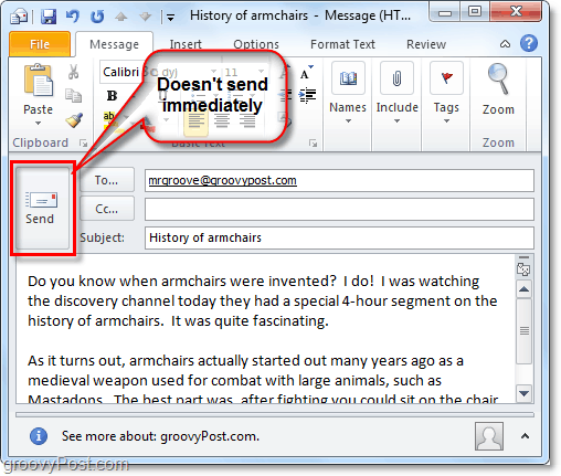 pošiljanje e-poštnega sporočila v programu Outlook 2010 še ne pomeni, da ga pošljemo takoj