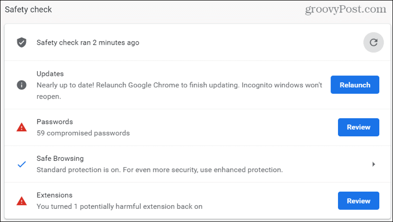 Rezultati varnostnega preverjanja za Chrome