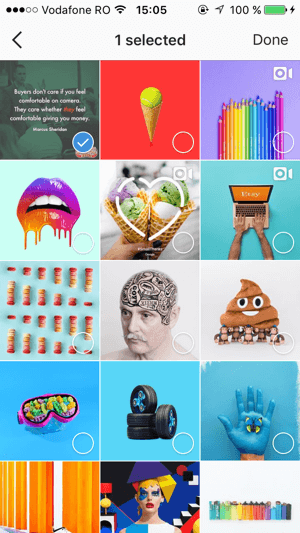 Izberite vse shranjene objave, ki jih želite dodati v svojo zbirko Instagram, nato pa tapnite Končano.