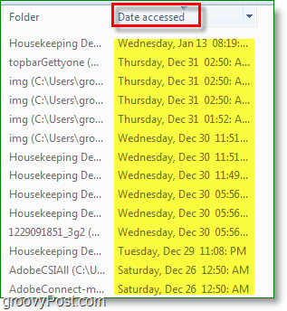 Datum dostopa do zaslona za zaslon Windows 7, ki je dostopen do iskanja.