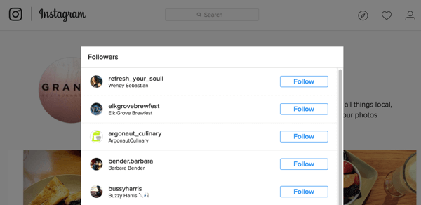 Tukaj je prikazan seznam vaših spremljevalcev na Instagramu.