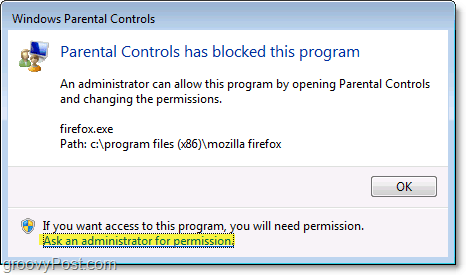 pojavno okno se prikaže v operacijskem sistemu Windows 7, ko ga prepreči pravilnik o starševskem nadzoru
