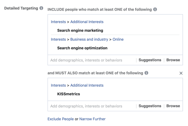 Primer razporeditve rezultatov v zanimanja občinstva za Facebook oglase z uporabo polja MORA TUDI ujemanje.