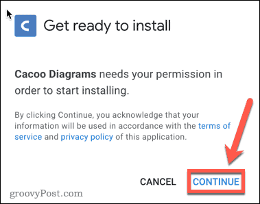 Potrjevanje namestitve dodatka Google Docs Cacoo