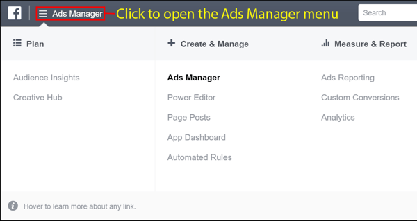 Ko ustvarite račun, odprite meni Facebook Ads Manager.
