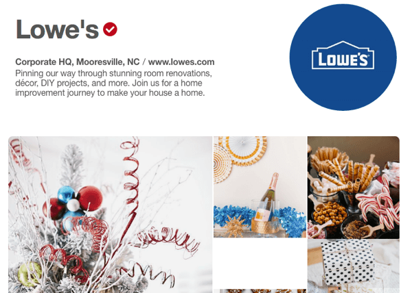 Lowe's ima zgledno predstavitev Pinterest, ki vsebuje promocijski in uporaben material.