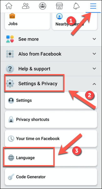 Facebook Settings Menu za zagon jezikovnih nastavitev