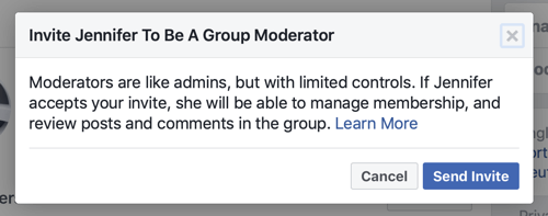 Kako izboljšati skupnost skupine Facebook, primer sporočila Facebook, ko je član izbran za moderatorja skupine
