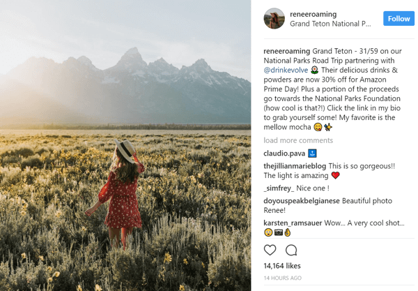 Instagram vplivnež Renee Hahnel v svoji biografiji deli promocijsko povezavo za popust Drink Evolve.