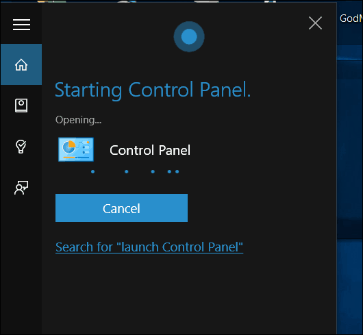 Nadzorna plošča Windows 10 Cortana Open
