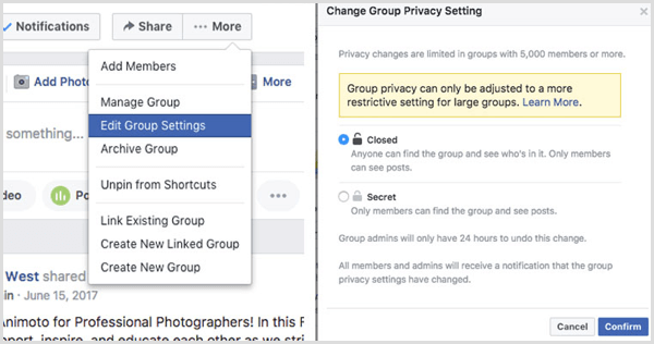 Facebook skupina spremeni nastavitev zasebnosti