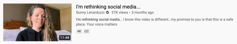 primer videoposnetka na youtube @sunnylenarduzzi o "premišljujem družabna omrežja ..."