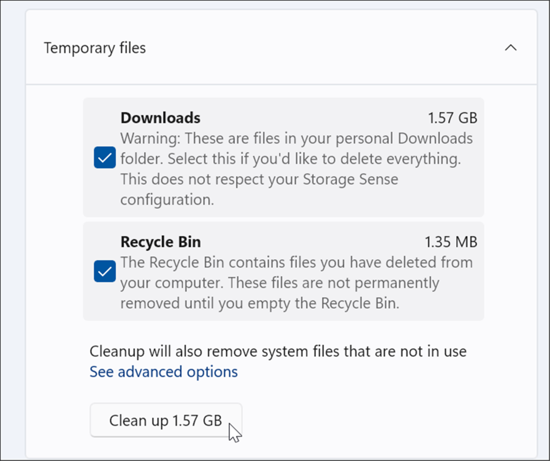 izbrišite začasne datoteke v sistemu Windows 11