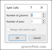 Meni možnosti Word Split Cellls