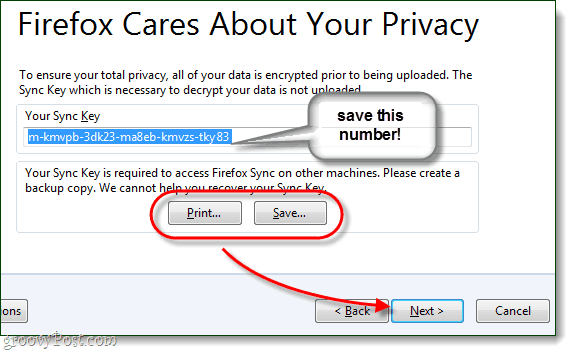 shranite svoj sinhronizacijski ključ za Firefox, zelo pomembno