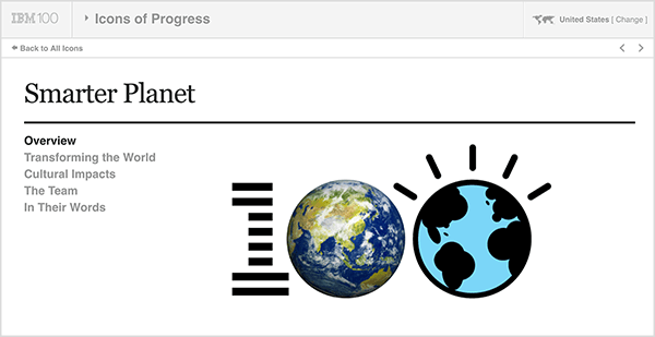 Ta slika je posnetek zaslona podjetja IBM Smarter Planet. Na vrhu je svetlo siva vrstica. Na tej vrstici se od leve proti desni prikaže naslednje: logotip IBM 100, spustni meni Icons of Progress, ZDA (ki označuje državo uporabnika). Pod sivo vrstico je bela stran s podrobnostmi o pobudi. Pod naslovom "Pametnejši planet" so naslednje možnosti: Pregled, Preobrazba sveta, Kulturni vplivi, Skupina in Z njihovimi besedami. Desno od teh možnosti je velik logotip 100. 1 je črtast kot IBM-ov logotip, prva ničla je fotografija zemlje, druga nič pa ilustracija zemlje. Kathy Klotz-Guest pravi, da je IBM Smarter Planet dober primer uporabe skupnega pripovedovanja zgodb za razvoj svežih idej za vaše podjetje s sodelovanjem s partnerji ali strankami.