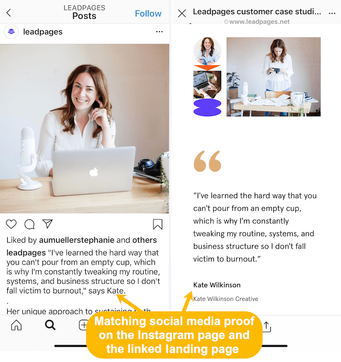 ujemanje zgodb strank na viru Instagram in povezani ciljni strani