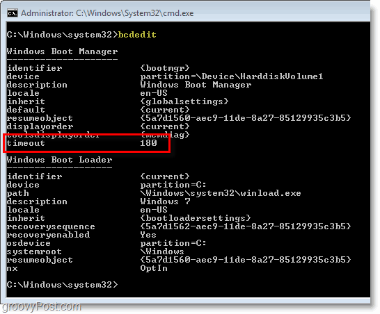 Posnetek zaslona sistema Windows 7 - preverjanje nastavitev bcdedit