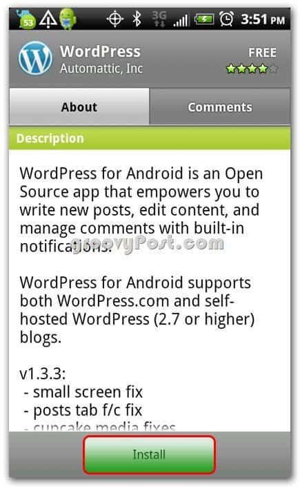 Wordpress na zaslonu za namestitev Android