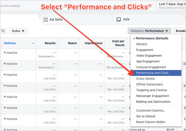 V spustnem meniju Stolpci v upravitelju oglasov Facebook izberite Učinkovitost in kliki.