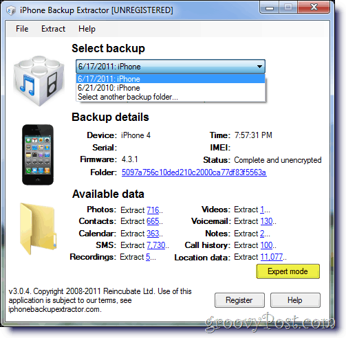 iPhone Backup Extractor Izberite varnostno kopijo