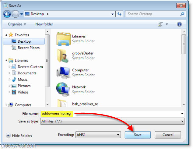 Posnetek zaslona sistema Windows 7 - shranite kot addownership.reg